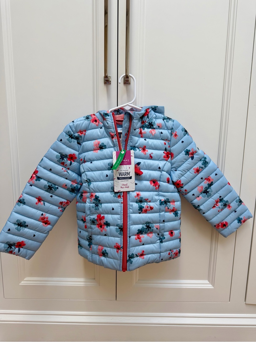 NWT Joules Kinnaird Girls Floral Packable Puffer Hooded Jacket Blue Size 6